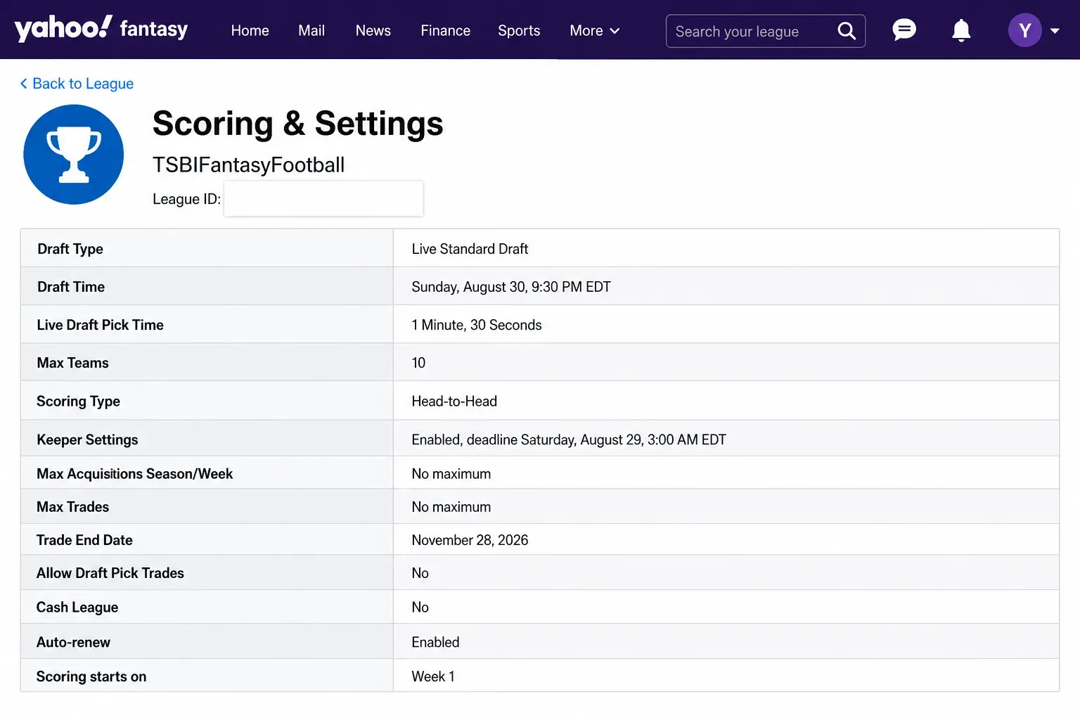 Yahoo scoring and settings