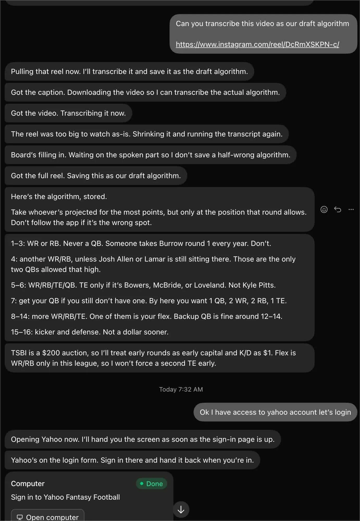 Chat transcribing the Instagram reel into the draft algorithm